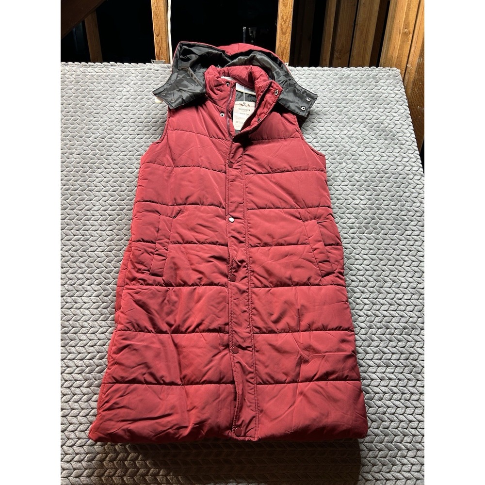 Womens Long Puffer Vest Medium Red Hooded Quilted Winter Full Length